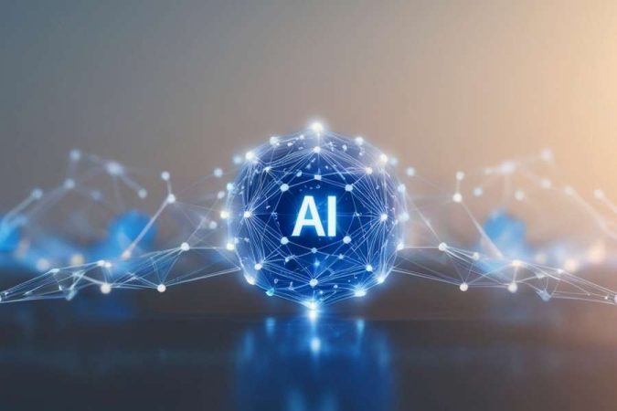 Une sphère lumineuse connectée affiche les lettres AI au centre d'un réseau technologique bleu.