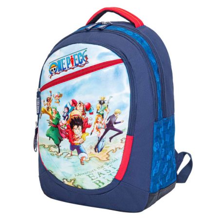 Un sac à dos bleu marine illustré avec l'équipage de Luffy du manga One Piece sur fond blanc.